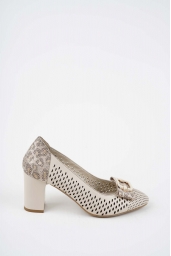 Hakiki Deri Bej-Bej Baskılı Kadın Topuklu Ayakkabı 261105101