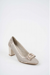 Hakiki Deri Bej-Bej Baskılı Kadın Topuklu Ayakkabı 261105101