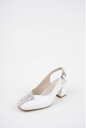 Hakiki Deri Beyaz-Beyaz Baskılı Kadın Topuklu Sandalet 261105506