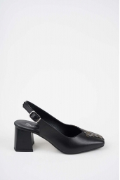 Hakiki Deri Siyah-Siyah Baskılı Kadın Topuklu Sandalet 261105506