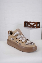 Hakiki Deri Kum Beji-Bej Yılan Kadın Sneaker Ayakkabı 242114104