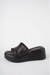 Hakiki Deri Koyu Kahve-Yılan Bas. Kadın Dolgu Topuklu Terlik 261114601