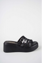 Hakiki Deri Siyah-yılan Bas. Kadın Dolgu Topuklu Terlik 261114601