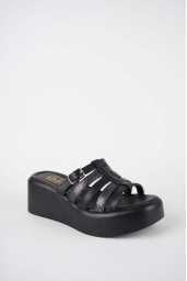 Hakiki Deri Siyah-yılan Bas. Kadın Dolgu Topuklu Terlik 261114601