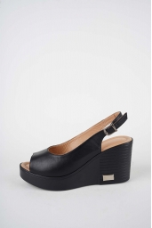 Hakiki Deri Siyah Kadın Dolgu Topuk Sandalet 261189502
