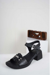 Hakiki Deri Siyah Kadın Topuklu Sandalet 241225505