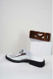 Hakiki Deri Gümüş Kadın Topuklu Terlik 241229614