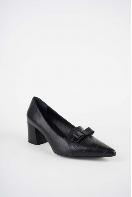 Hakiki Deri Siyah-Siyah Kroko Kadın Topuklu Ayakkabı 252105104