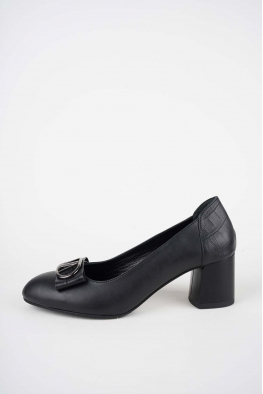Hakiki Deri Siyah-Siyah Kroko Kadın Topuklu Ayakkabı 252105106