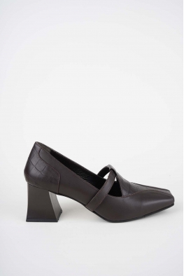 Hakiki Deri Kahve-Kahve Kroko Kadın Topuklu Ayakkabı 252105107