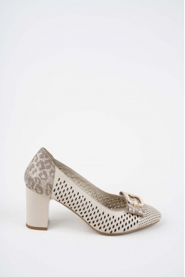 Hakiki Deri Bej-Bej Baskılı Kadın Topuklu Ayakkabı 261105101