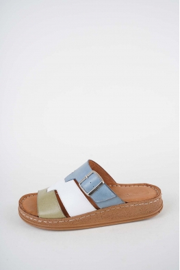 Hakiki Deri Avokado-Beyaz-Kot Mavi Kadın Comfort Terlik 261220604