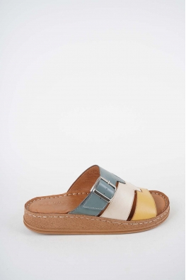 Hakiki Deri Sarı-Bej-Koyu Kot Kadın Comfort Terlik 261220604