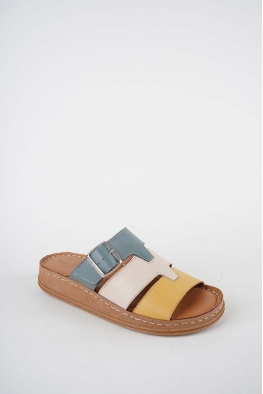 Hakiki Deri Sarı-Bej-Koyu Kot Kadın Comfort Terlik 261220604