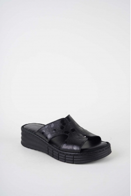 Hakiki Deri Siyah Fasulye Baskı Kadın Dolgu Topuklu Terlik 261245605