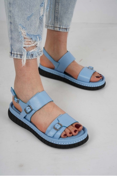 Hakiki Deri Mavi Kadın Komfort Sandalet 231100503