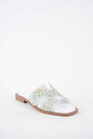 Hakiki Deri Beyaz Taş Kadın Düz Terlik 251103608