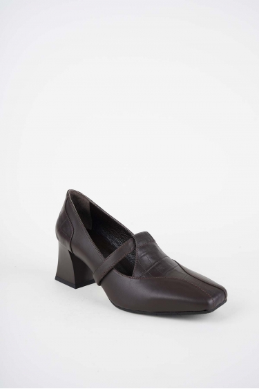 Hakiki Deri Kahve-Kahve Kroko Kadın Topuklu Ayakkabı 252105107