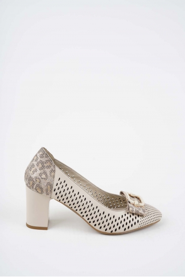 Hakiki Deri Bej-Bej Baskılı Kadın Topuklu Ayakkabı 261105101