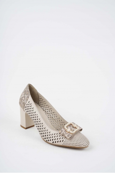 Hakiki Deri Bej-Bej Baskılı Kadın Topuklu Ayakkabı 261105101
