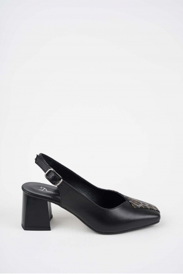 Hakiki Deri Siyah-Siyah Baskılı Kadın Topuklu Sandalet 261105506