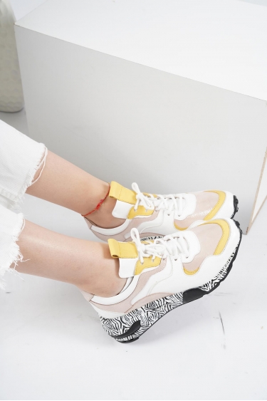 Hakiki Deri Beyaz Sarı Pudra Kadın Sneaker Ayakkabı 202110105