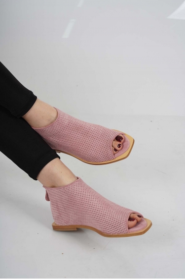 Hakiki Deri Pembe Süet Kadın Burnu Açık Bot 221110201