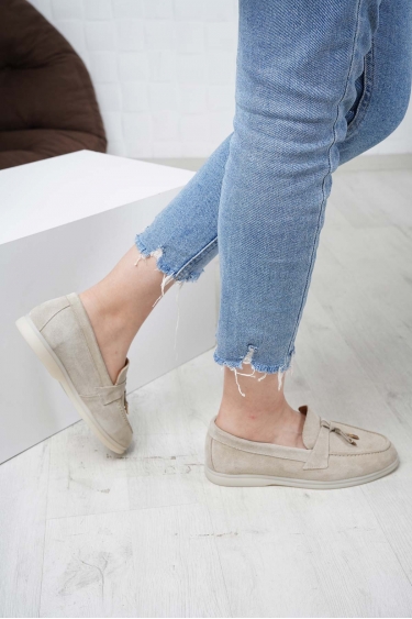 Hakiki Deri Bej Süet Kadın Makosen Ayakkabı 231110103