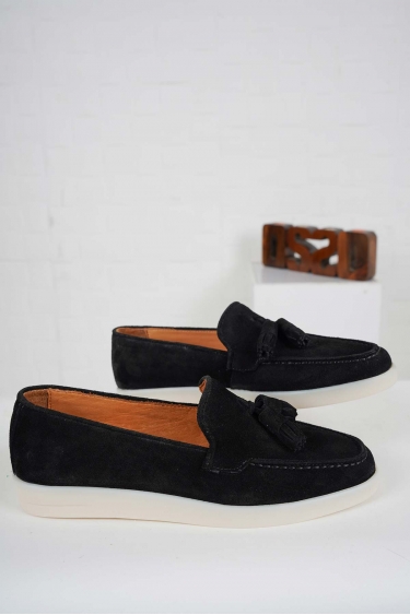 Hakiki Deri Siyah Süet Kadın Loafer Ayakkabı 241110101