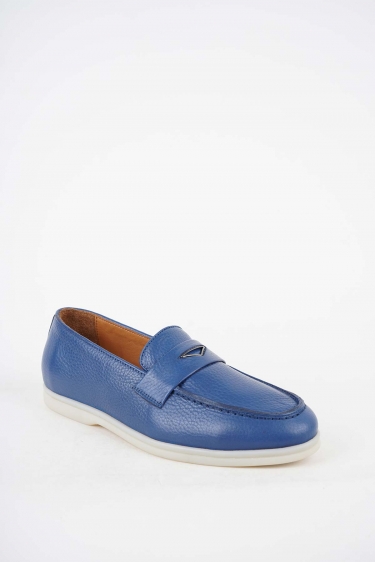 Hakiki Deri Kot Mavi Kadın Loafer Ayakkabı 241110103