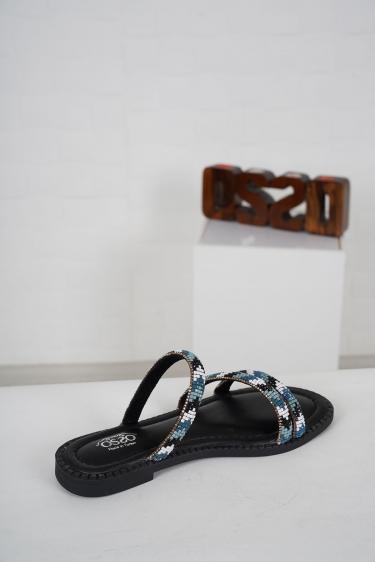 Hakiki Deri Siyah-Beyaz-Kot-Mavi Kadın Taşlı Terlik 231114604