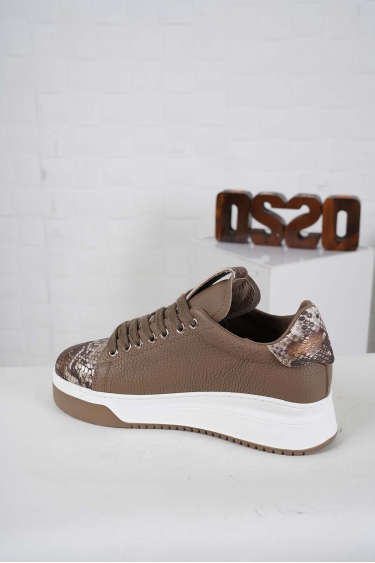 Hakiki Deri Kahve Yılan-Vizon Flt. Kadın Sneaker Ayakkabı 242114102