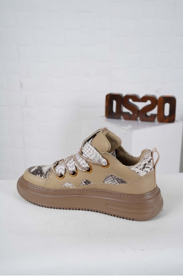 Hakiki Deri Kum Beji-Bej Yılan Kadın Sneaker Ayakkabı 242114104