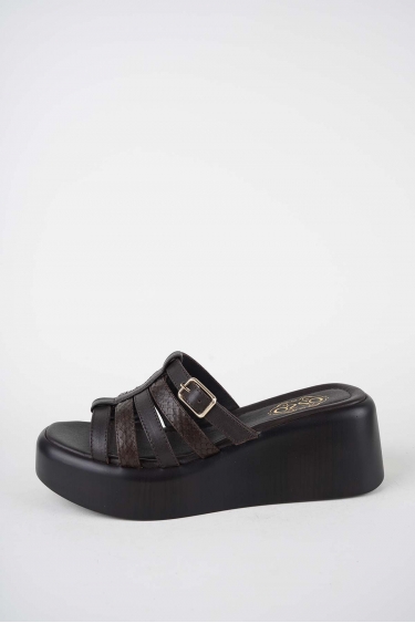 Hakiki Deri Koyu Kahve-Yılan Bas. Kadın Dolgu Topuklu Terlik 261114601