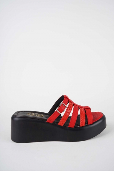 Hakiki Deri Kırmızı-Yılan Bas. Kadın Dolgu Topuklu Terlik 261114601