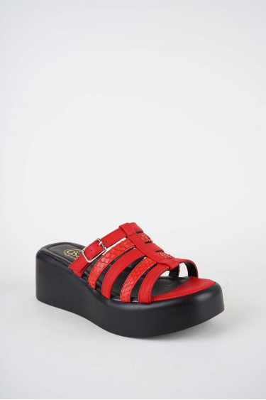 Hakiki Deri Kırmızı-Yılan Bas. Kadın Dolgu Topuklu Terlik 261114601