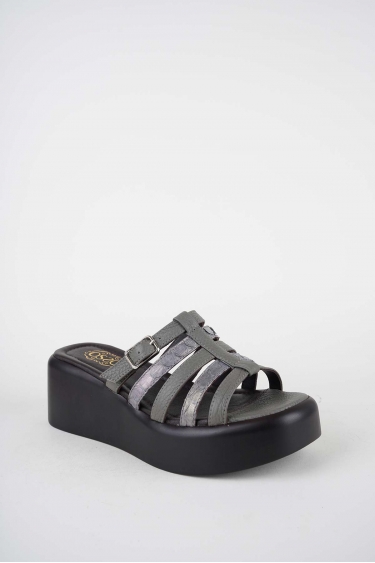 Hakiki Deri Gri-Yılan Bas. Kadın Dolgu Topuklu Terlik 261114601