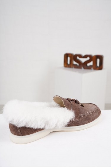 Hakiki Deri Kürklü Capuccino Süet Kadın Loafer Ayakkabı 222121101