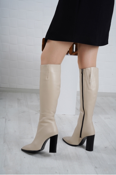Hakiki Deri Bej Kadın Yüksek Topuklu Çizme 212127301