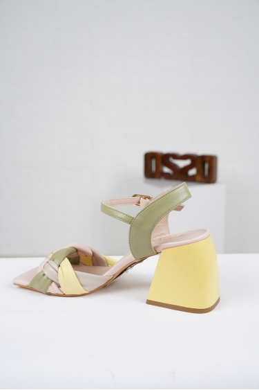 Hakiki Deri Avokado-Pudra-Bej-Sarı Kadın Topuklu Sandalet 221127514