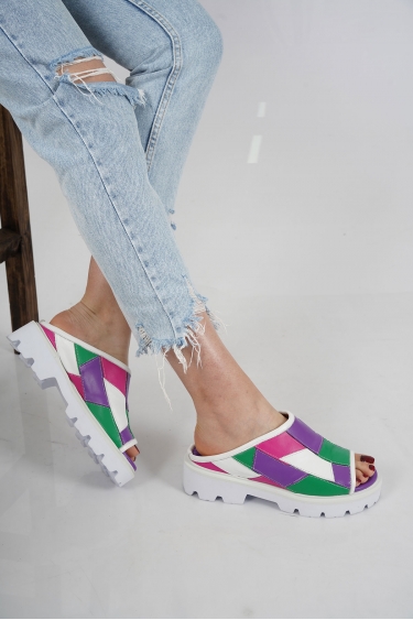 Hakiki Deri Mor-Yeşil-Beyaz-Fuşya Kadın Casual Terlik 231127606