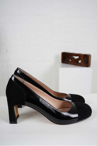 Hakiki Deri Siyah Süet-Siyah Rugan Kadın Topuklu Ayakkabı 241127107