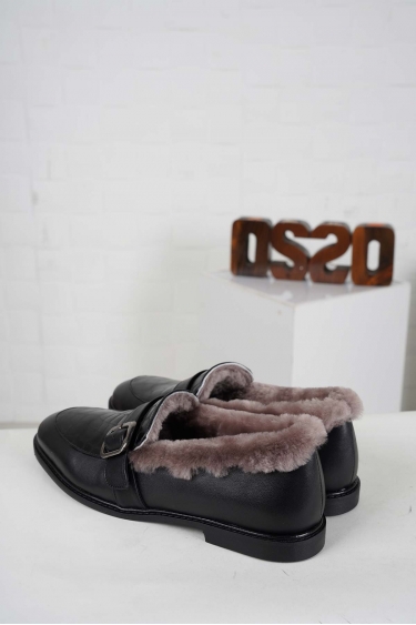 Hakiki Deri Kürklü Siyah-Siyah Mat Kroko Kadın Casual Ayakkabı 242127112