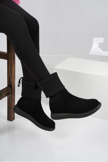 Hakiki Deri Siyah Süet Kadın Kısa Bot 222135203