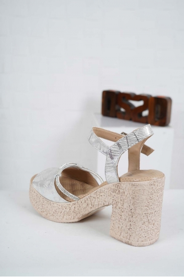 Hakiki Deri Gümüş Baskılı Kadın Yüksek Topuklu Sandalet 241136504