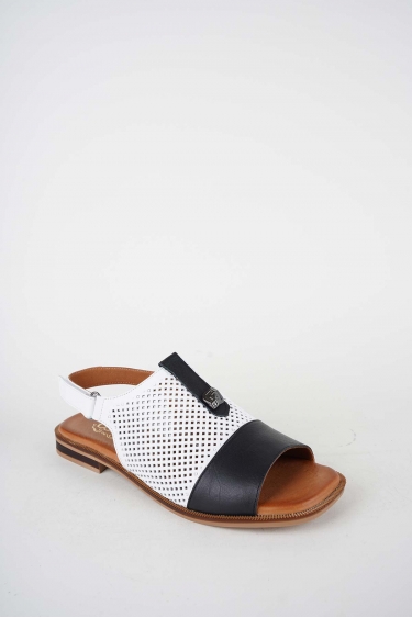 Hakiki Deri Beyaz-Siyah Kadın Düz Sandalet 261141504