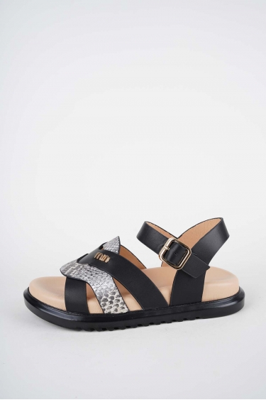 Hakiki Deri Yılan Baskı-Siyah Kadın Düz Sandalet 261162502