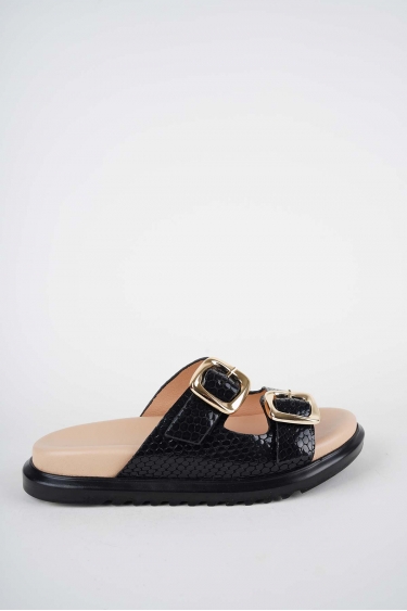 Hakiki Deri Siyah Baskı Kadın Düz Terlik 261162605