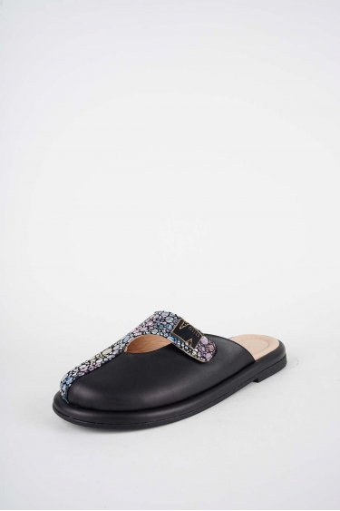 Hakiki Deri Çiçek Baskı-Siyah Kadın Zımbalı Sabo 261162703