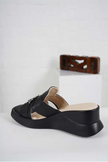 Hakiki Deri Siyah Kadın Dolgu Topuk Terlik 241176601